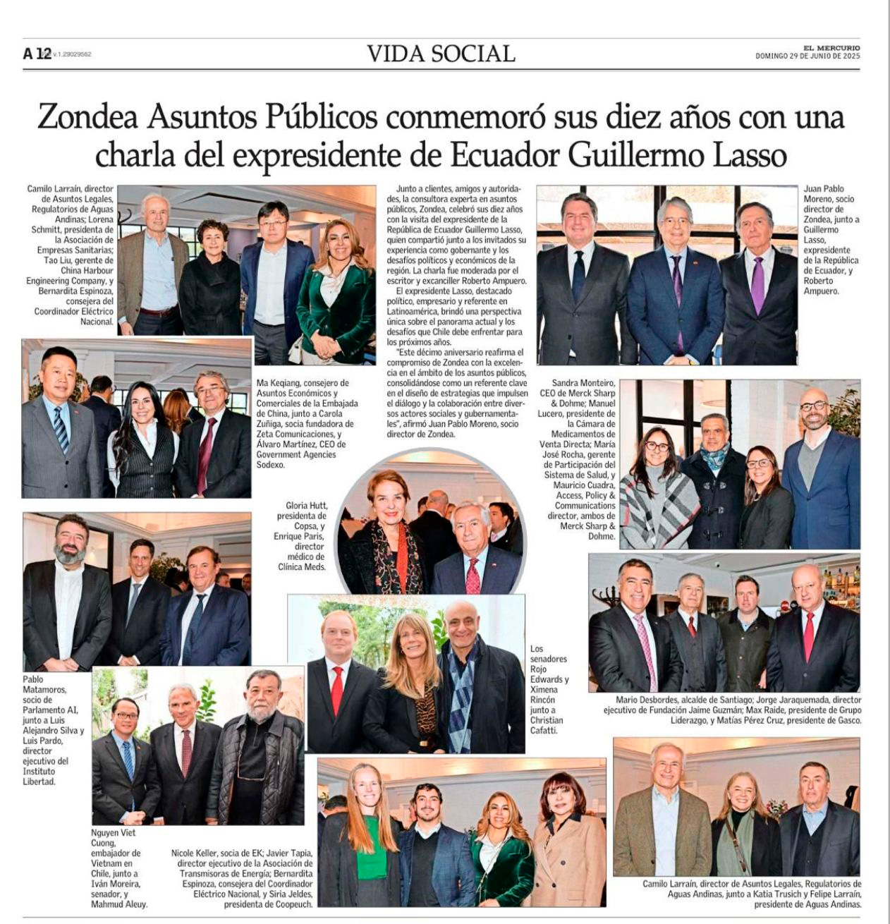 Zondea celebra sus 10 años con la visita del ex presidente de Ecuador Guillermo Lasso (El Mercurio)
